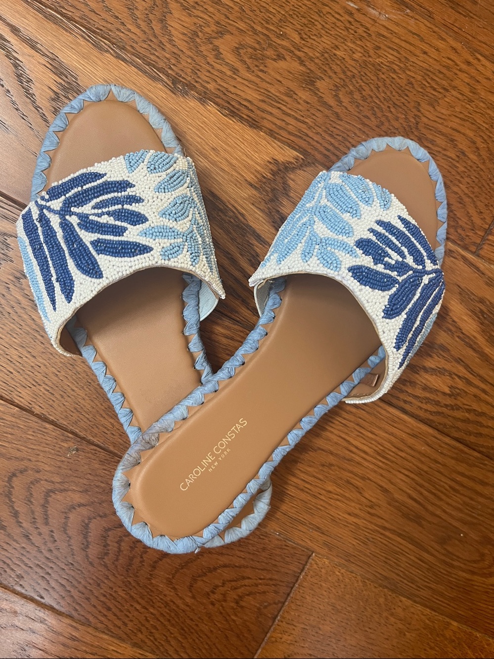 Blue Beaded  8 1/2 Slide Sandals with Leaf Motif by Carolina Costas - Picture 10 of 11
